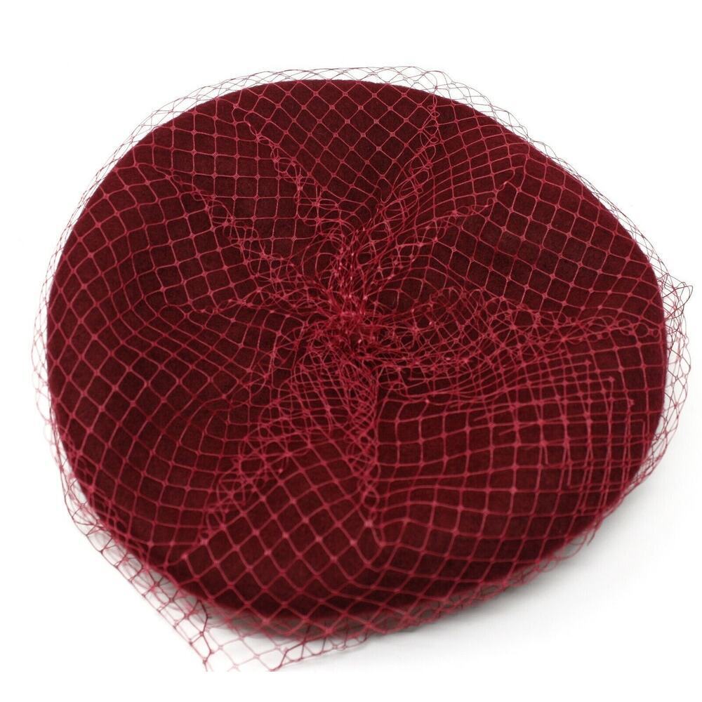 Burgundy Wool Felt Beret w Veil Netting Church Party Retro Style Hat - Hey Viv - Picture 4 of 6